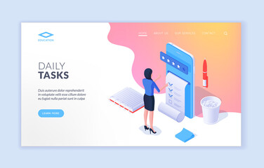 Poster - Daily tasks. Banner of isometric website design with woman using modern mobile application and putting ticks for daily tasks keeping routine under control. Home education. Mobile app advertising