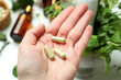 Female hand holds herbal medicine pills, close up