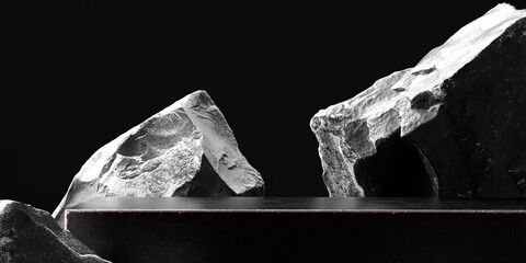 Poster - Black and white texture stone podium, piece of rocks abstract product placement 3d rendering background