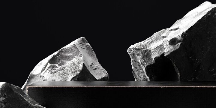 Black and white texture stone podium, piece of rocks abstract product placement 3d rendering background