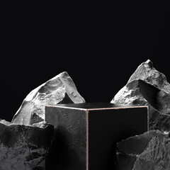 Poster - Black and white texture stone podium, piece of rocks abstract product placement 3d rendering background