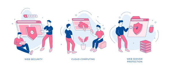 Poster - Web data protection and servers set. People configured security online applications. Data storage in virtual cloud. Programmers protect worlds servers from cyber hackers. Vector line flat concept