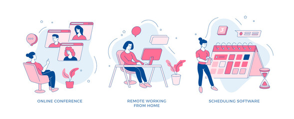 Poster - Online work from home set. Female character is holding video conference team. Remote job apartment in web during pandemic. Professional digital task planner for freelancer. Vector flat line concept
