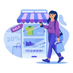 Poster - Mobile shopping concept. Woman buys clothes in online store using smartphone. Buyer makes purchases on shop webpage. Template of people scenes. Vector illustration with characters in flat design