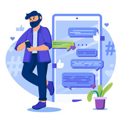 Poster - Social media concept. Man is texting in messenger with friends. Active Internet user communicates online, chatting in app. Template of people scenes. Vector illustration with characters in flat design