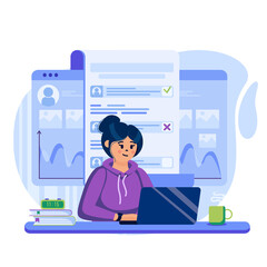 Poster - HR management concept. Recruiting manager reviews resume and selects best candidate for open vacancy. Human resource. Template of people scenes. Vector illustration with characters in flat design