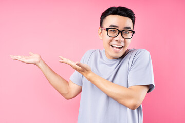 Sticker - Portrait of Asian man posing on pink background with many expression