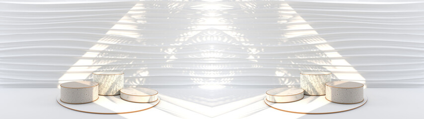 Wall Mural - 3d rendering of round marble podium, golden border, sunlight shines the white wall into waves scene 
