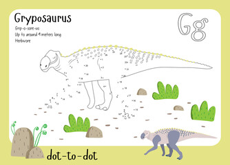 A dot by dot worksheet with dinosaur, name, facts and alphabet letter. Children's riddle.Coloring page for kids. Activity art game. Vector illustration. Set cards a-z dinosaur G. Gryposaurus