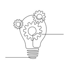 Aufkleber - Light bulb with gear wheels in continuous Line drawing for logo, emblem, web banner, presentation. Creative innovation concept. Vector illustration