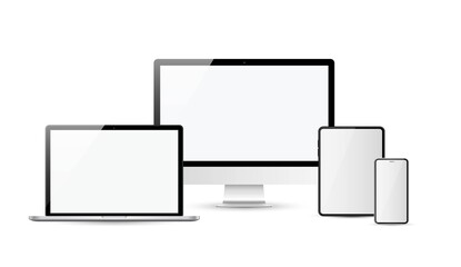 Poster - Devices in realistic trendy design on transparent background. Set of computer laptop tablet and smartphone with empty screens. Mock up.