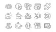 © blankstock - Puzzle line icons. Jigsaw Challenge time, Business Strategy, Puzzle Pieces icons. Solution, Decide or Solve piece of problem and Teamwork idea. Jigsaw game time, Solution options. Linear set. Vector