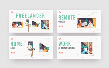 Wall Mural - Freelancer Occupation Landing Page Template Set. Relaxed Characters in Windows. Remote Workplace, Freelance Distant Work
