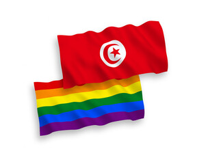 National vector fabric wave flags of Republic of Tunisia and Rainbow gay pride isolated on white background. 1 to 2 proportion.