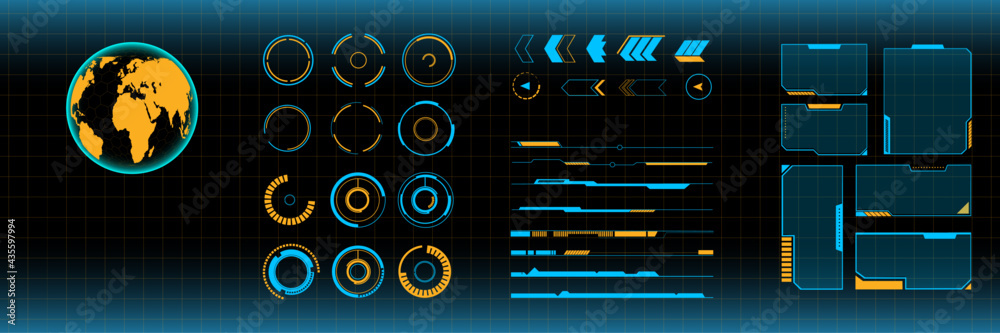 Virtual Reality Inteface | Set of Sci-fi Menu Elements | Hud parts for screen | Aim, grid, frames and arrows