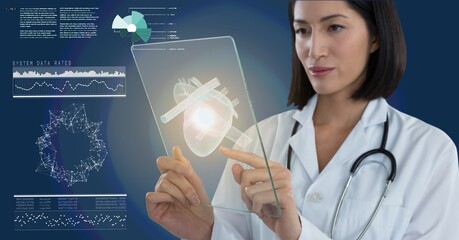 Poster - Composition of female doctor holding interactive screen with medical data processing