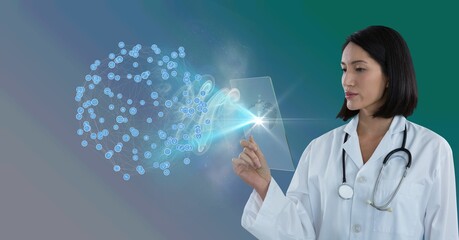 Poster - Composition of female doctor holding interactive screen with globe of connections