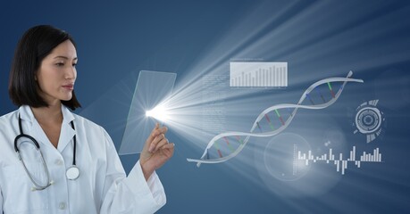 Poster - Composition of female doctor holding interactive screen with medical data processing and dna