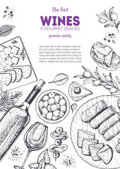 Wines and gourmet snacks frame vector illustration. Snacks for wine hand drawn. Gourmet food set.