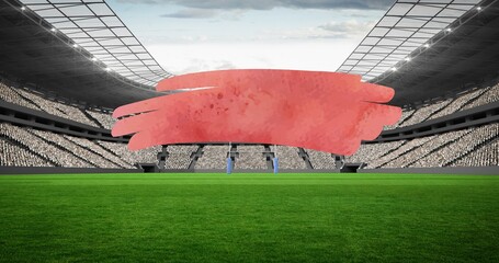 Poster - Composition of red squiggle with copy space over empty sports stadium with rugby field