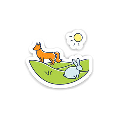 Wall Mural - Grasslands sticker. Fox and rabbit live in grasslands. Hunting badge for designs. Generally located between deserts and forests. Biodiversity vector emblem