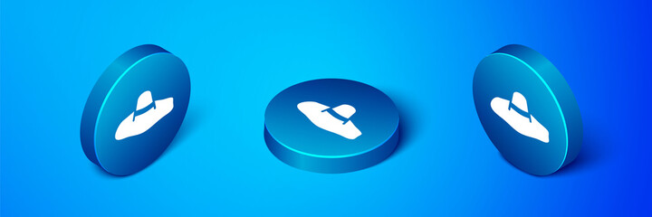 Sticker - Isometric Elegant women hat icon isolated on blue background. Blue circle button. Vector