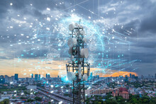 Telecommunication Tower With 5G Cellular Network Antenna On City Background, Global Connection And Internet Network Concept