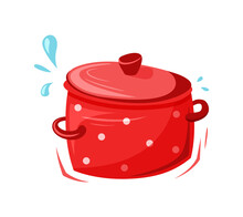 Red Saucepan With Polka Dots. Stylized Kitchen Utensil. Cartoon Flat Illustration Of Cooking. Color Isolated Vector Element On White Background