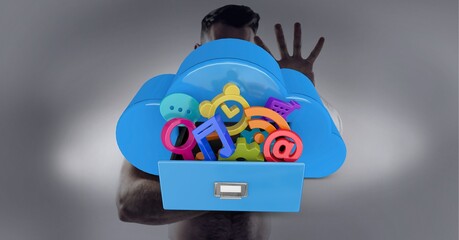 Poster - Multiple digital icons inside cloud icon against shirtless man gesturing stop sign