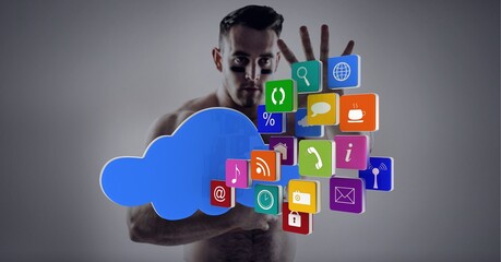 Poster - Cloud and multiple digital icons against shirtless man man gesturing stop sign