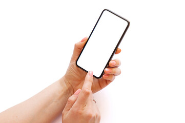 Person using phone with empty white screen on white background