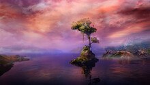 Magical Landscape With A Tree On A Mountain Lake Island, 3D Render.