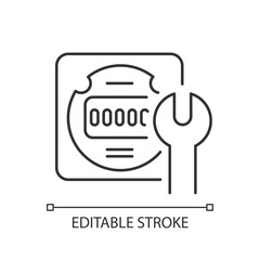 Poster - Electrical meter repair linear icon. Clock-like device installation. Energy meter maintenance. Thin line customizable illustration. Contour symbol. Vector isolated outline drawing. Editable stroke