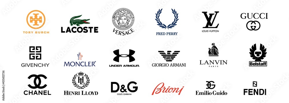 Image vectorielle Stock Top most popular clothing brands. Logo icons GUCCI Dolce Gabbana VERSACE CHANEL Lacoste Fred Perry Lanvin paris Tory Burch Moncler Emilio Guido. Vector. Zaporizhzhia Ukraine Ma...