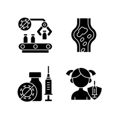 Poster - Vaccination black glyph icons set on white space. Pharmaceutical manufacture. Drug production and distribution. Health care and medicine. Silhouette symbols. Vector isolated illustration