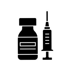 Poster - Vaccine bottle black glyph icon. Vial with drug and syringe. Pharmaceutical remedy. Medication for flu. Disease treatment. Health care. Silhouette symbol on white space. Vector isolated illustration