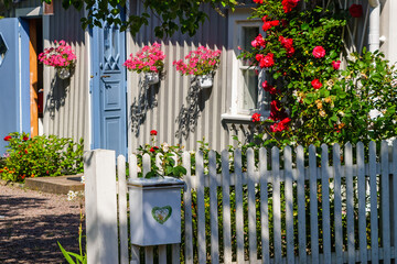 Poster - Blooming garden with a mailbox on the fence