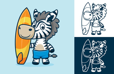 Canvas Print - Funny zebra standing while holding surfboard. Vector cartoon illustration in flat icon style