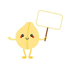 Wall Mural - Cute smiling cartoon style chickpeas, chick pea seed character holding sign, card, banner in hand.