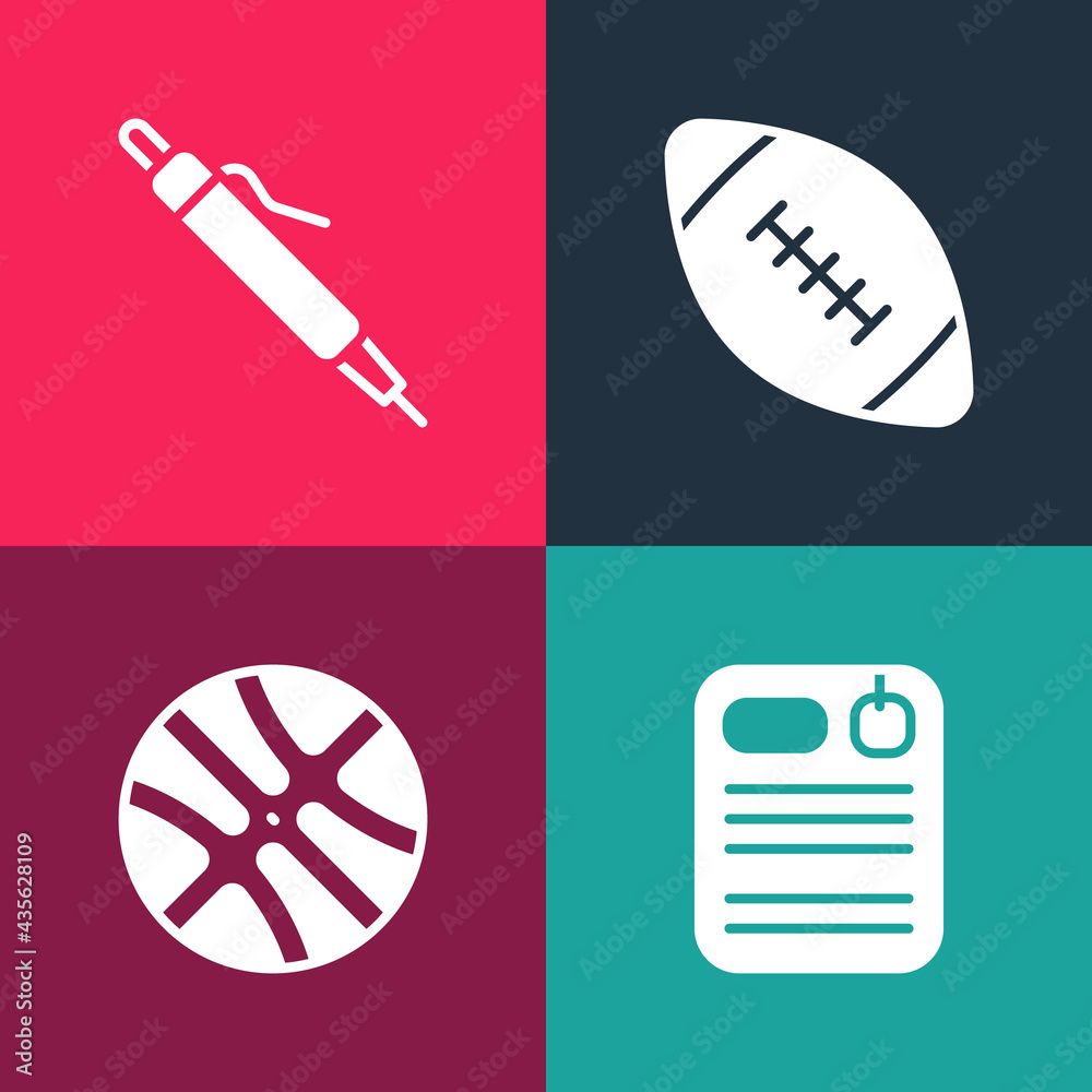 Set pop art Dossier folder, Basketball ball, American football and Pen ...