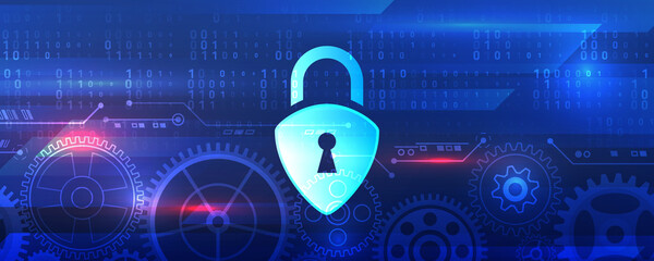 Poster - Personal data protection service. Internet security concept. Cybersecurity web banner. Shield icon with gears on a blue background.