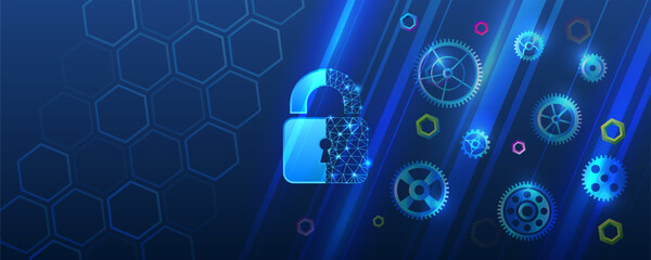 Fototapete - Cybersecurity web banner. Shield icon with gears on a blue background. Personal data protection service. Internet security concept
