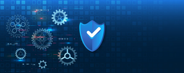 Fototapete - Shield icon with gears on a blue background. Personal data protection service. Internet security concept. Cybersecurity web banner.