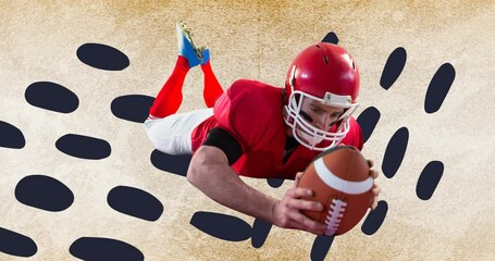 Poster - Animation of american football player with ball over black spots on beige background