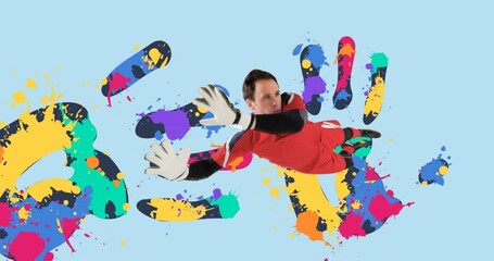 Poster - Animation of football goalkeeper over colourful handprints on blue background