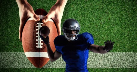 Poster - Animation of american football player with ball on pitch background