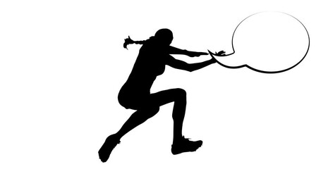 Wall Mural - Animation of silhouette of female long jumper with speech bubble on white background