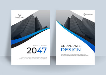 Blue Color Scheme with City Background Business Book Cover Design Template in A4. Easy to adapt to Brochure, Annual Report, Magazine, Poster, Corporate Presentation, Portfolio, Flyer, Banner, Website.