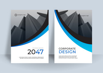 Blue Color Scheme with City Background Business Book Cover Design Template in A4. Easy to adapt to Brochure, Annual Report, Magazine, Poster, Corporate Presentation, Portfolio, Flyer, Banner, Website.