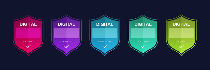 Poster - certified logo badge. criteria level digital certificate with shield logo line. vector illustration 